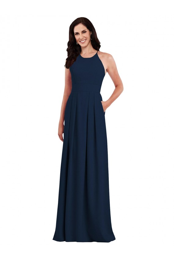 Sleeveless Halter Neck Stretch Crepe Dark Navy Long Semi Formal Evening Dress Canada for Sale