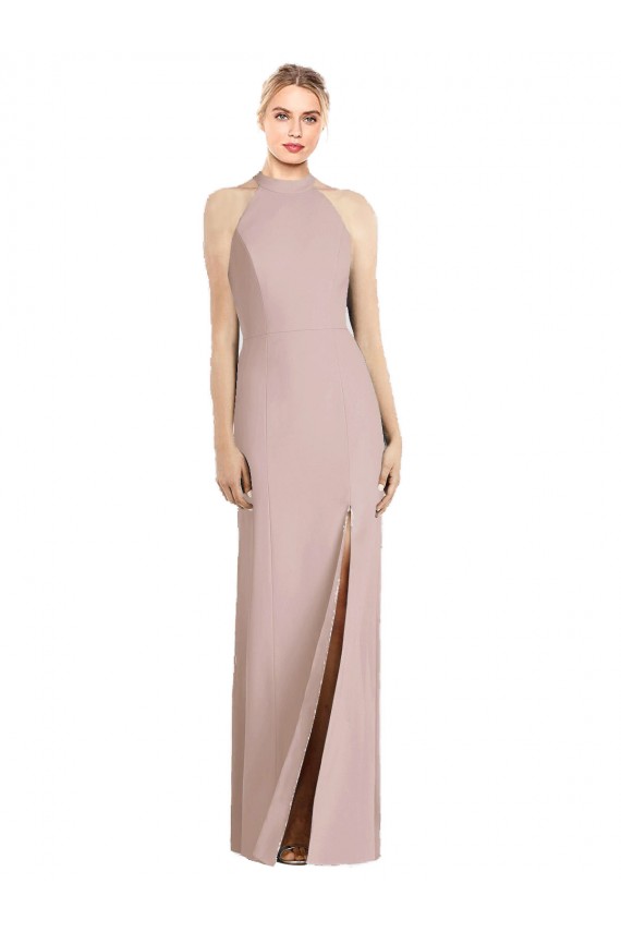 Sleeveless Halter Neck Stretch Crepe Dusty Pink Long Semi Formal Evening Dress Canada for Sale