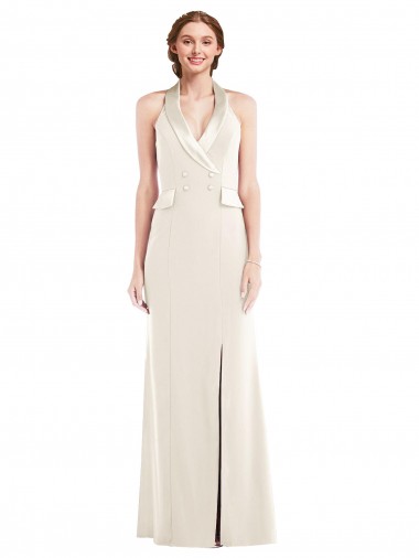 Sleeveless Halter Neck Stretch Crepe Ivory Long Semi Formal Evening Dress Canada for Sale