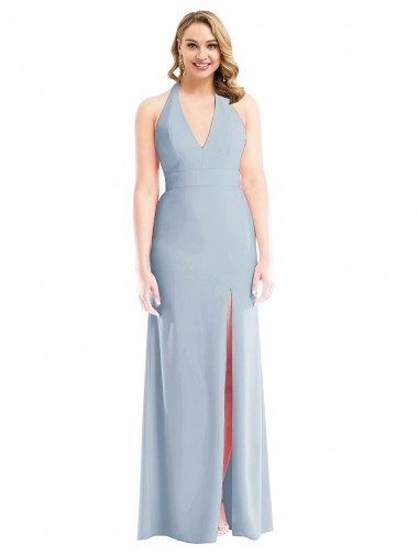 Sleeveless Halter Neck Stretch Crepe Light Sky Blue Long Evening Dress Canada for Sale