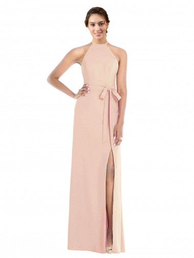 Sleeveless Halter Neck Stretch Crepe Nude Long Formal Evening Dress Canada for Sale