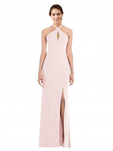 Sleeveless Halter Neck Stretch Crepe Pink Long Formal Evening Dress Canada for Sale