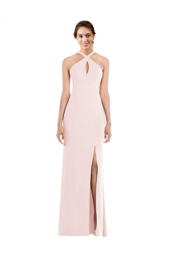 Sleeveless Halter Neck Stretch Crepe Pink Long Formal Evening Dress Canada for Sale