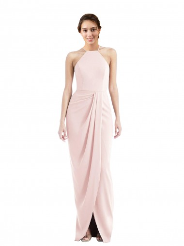 Sleeveless Halter Neck Stretch Crepe Pink Long Semi Formal Evening Dress Canada for Sale
