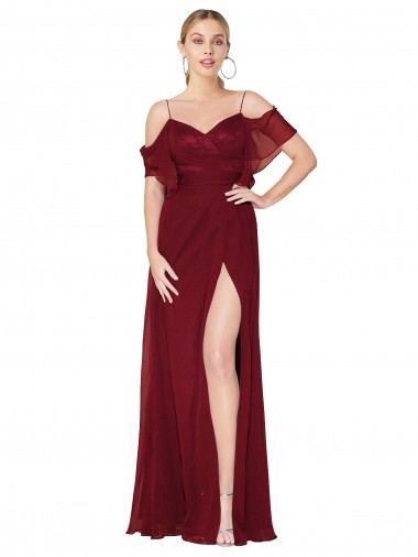 Cold Shoulder High Neck Soft Chiffon Burgundy Long Formal Evening Dress Canada for Sale