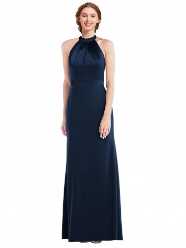 Sleeveless High Neck Stretch Crepe Dark Navy Long Semi Formal Evening Dress Canada for Sale