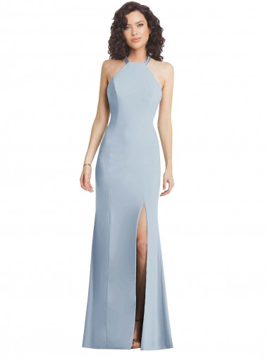 Sleeveless High Neck Stretch Crepe Light Sky Blue Long Formal Evening Dress Canada for Sale