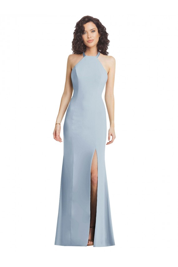 Sleeveless High Neck Stretch Crepe Light Sky Blue Long Formal Evening Dress Canada for Sale