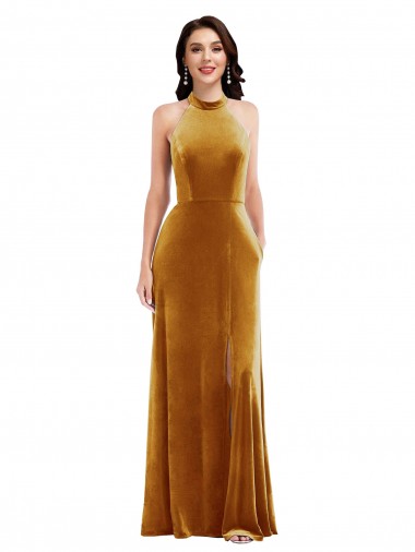 Sleeveless High Neck Stretch Velvet Gold Long Semi Formal Evening Dress Canada for Sale