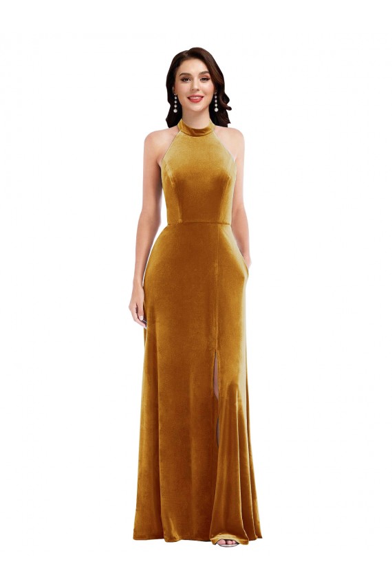 Sleeveless High Neck Stretch Velvet Gold Long Semi Formal Evening Dress Canada for Sale