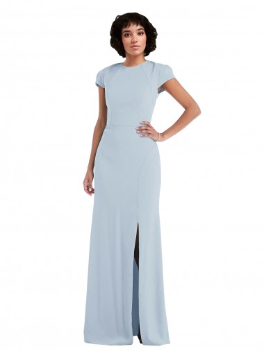 Cap Sleeves Jewel Neck Stretch Crepe Light Sky Blue Long Semi Formal Evening Dress Canada for Sale