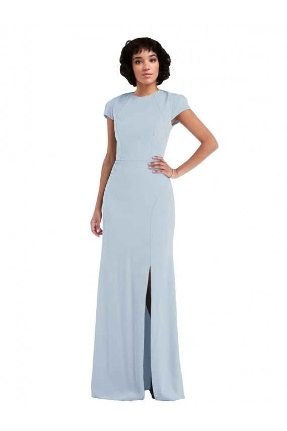 Cap Sleeves Jewel Neck Stretch Crepe Light Sky Blue Long Semi Formal Evening Dress Canada for Sale