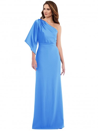 Bell Sleeves One Shoulder Stretch Crepe Peacock Blue Long Semi Formal Evening Dress Canada for Sale