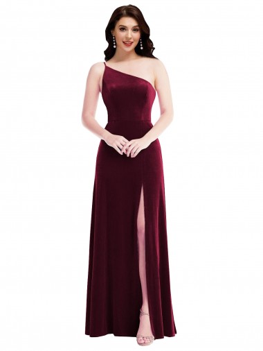 Sleeveless One Shoulder Stretch Velvet Burgundy Long Black Tie Evening Dress Canada for Sale