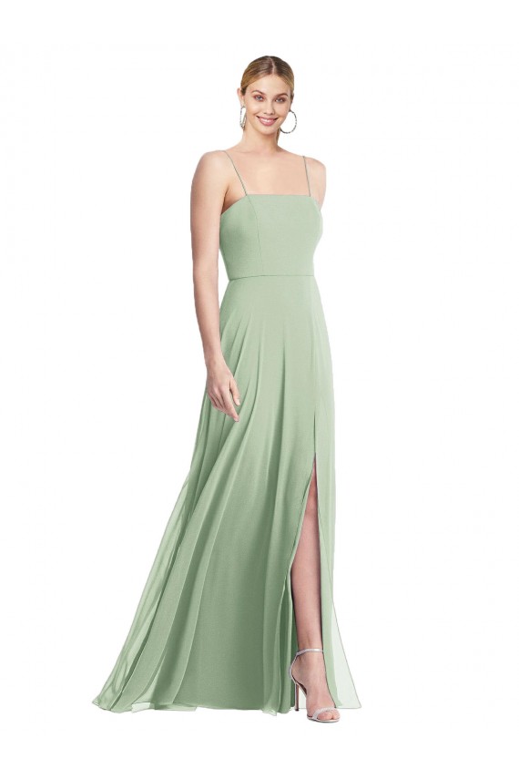 Sleeveless Square Neck Soft Chiffon Sage Long Formal Evening Dress Canada for Sale
