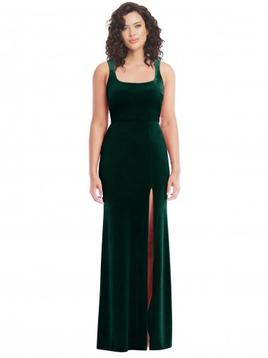 Sleeveless Square Neck Stretch Velvet Dark Green Long Semi Formal Evening Dress Canada for Sale