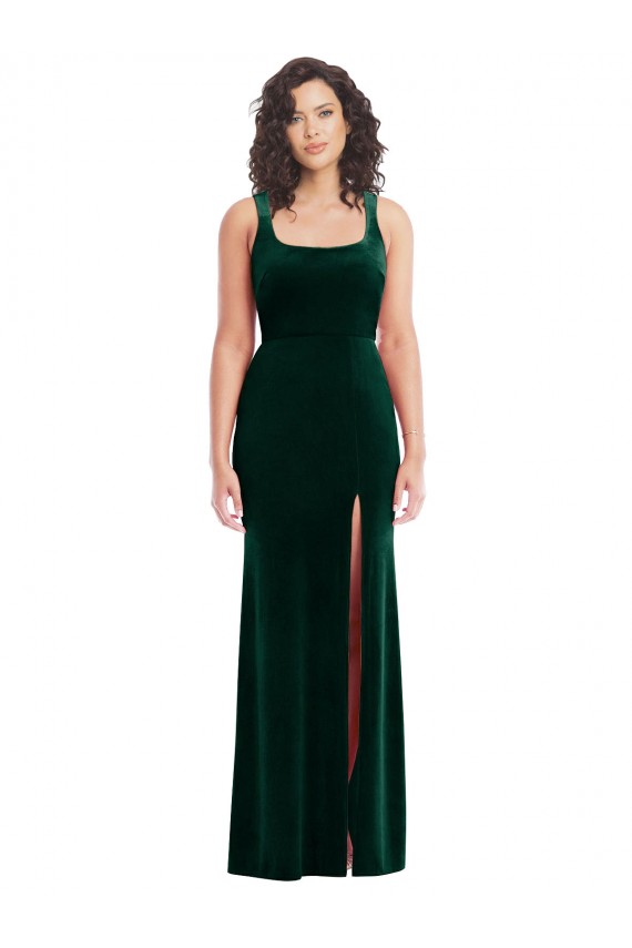 Sleeveless Square Neck Stretch Velvet Dark Green Long Semi Formal Evening Dress Canada for Sale