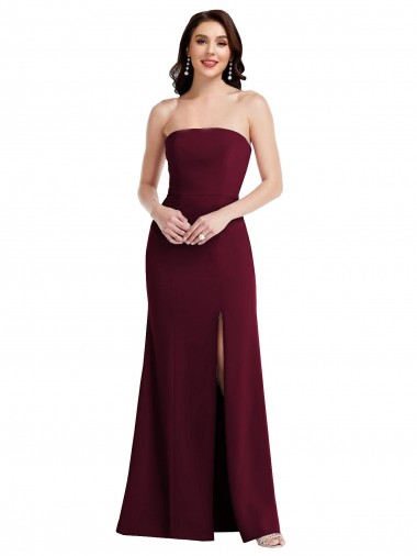 Sleeveless Strapless Stretch Crepe Burgundy Gold Long Semi Formal Evening Dress Canada for Sale