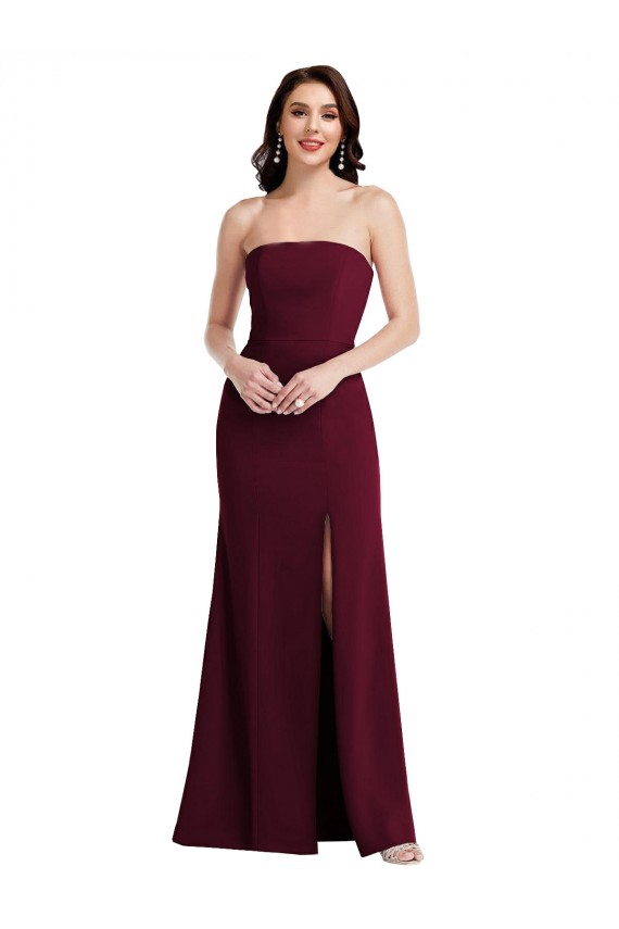 Sleeveless Strapless Stretch Crepe Burgundy Gold Long Semi Formal Evening Dress Canada for Sale