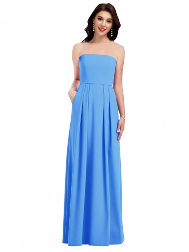 Sleeveless Strapless Stretch Crepe Peacock Blue Long Semi Formal Evening Dress Canada for Sale