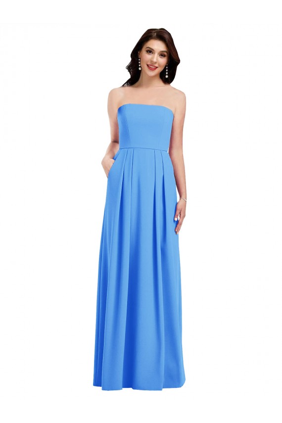 Sleeveless Strapless Stretch Crepe Peacock Blue Long Semi Formal Evening Dress Canada for Sale