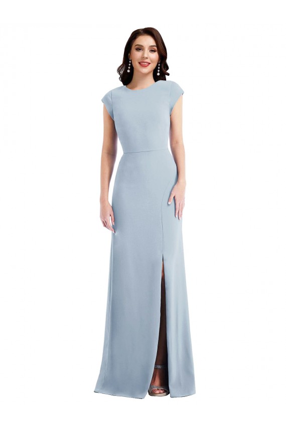 Cap Sleeves Stretch Crepe Light Sky Blue Long Formal Evening Dress Canada for Sale