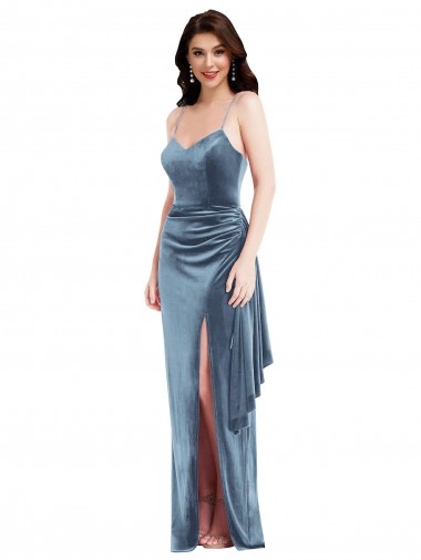 Sleeveless Sweetheart Stretch Velvet Dusty Blue Long Formal Evening Dress Canada for Sale