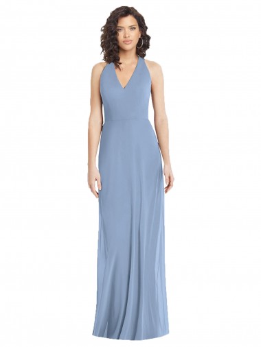 Sleeveless V-Neck Soft Chiffon Dusty Blue Long Formal Evening Dress Canada for Sale