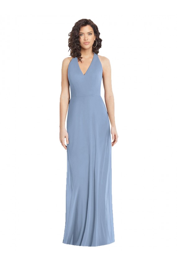 Sleeveless V-Neck Soft Chiffon Dusty Blue Long Formal Evening Dress Canada for Sale