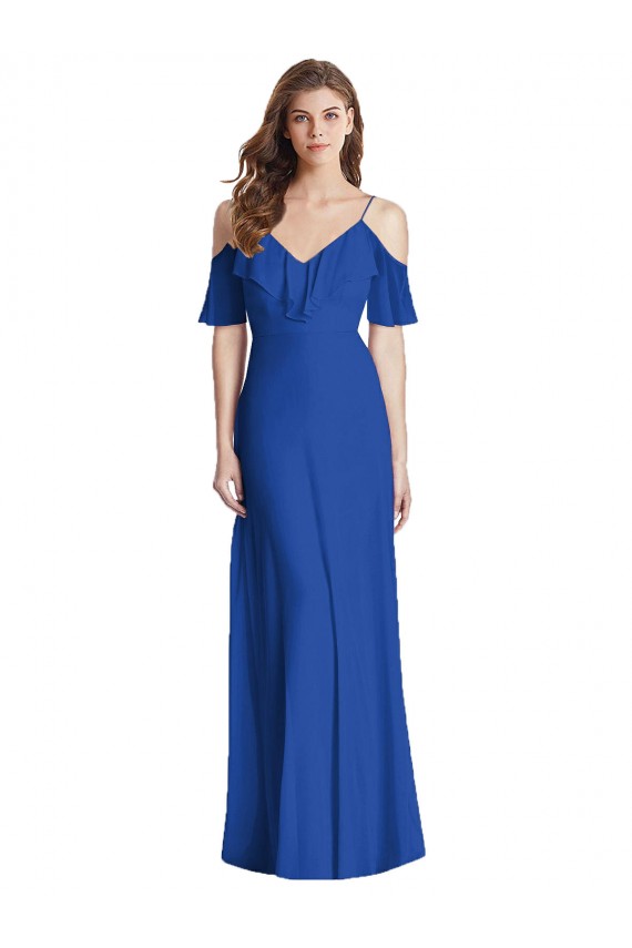 Cold Shoulder V-Neck Soft Chiffon Royal Blue Long Semi Formal Evening Dress Canada for Sale