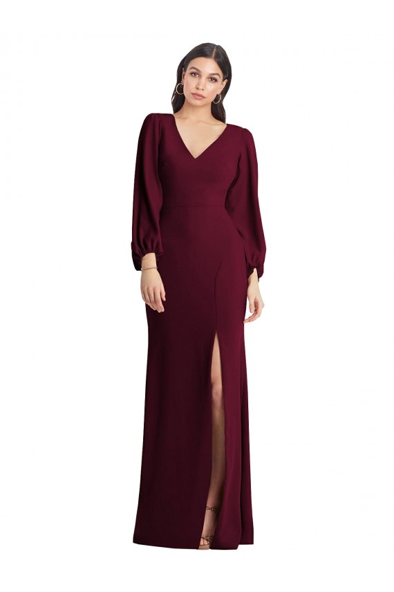 Puff Sleeves V-Neck Stretch Crepe Burgundy Gold Long Semi Formal Evening Dress Canada for Sale