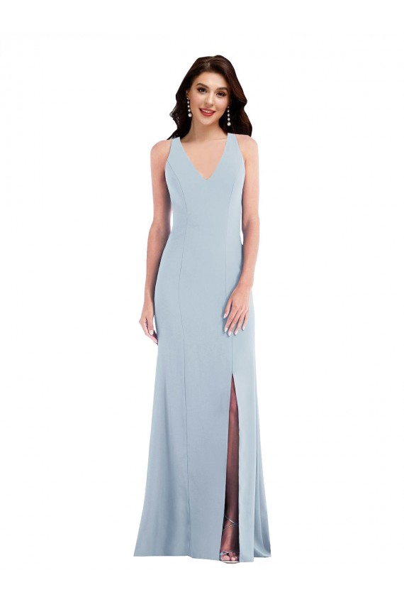 Sleeveless V-Neck Stretch Crepe Light Sky Blue Long Evening Gown Canada for Sale
