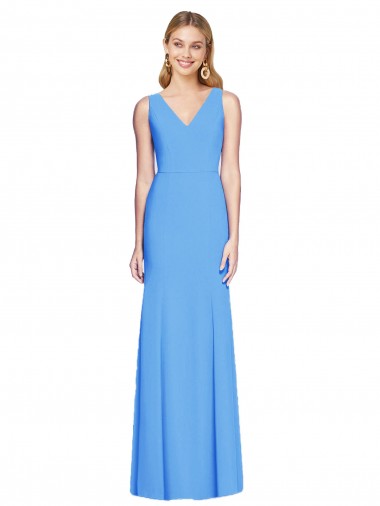 Sleeveless V-Neck Stretch Crepe Peacock Blue Long Semi Formal Evening Dress Canada for Sale