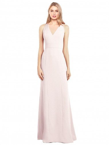 Sleeveless V-Neck Stretch Crepe Pink Long Semi Formal Evening Dress Canada for Sale