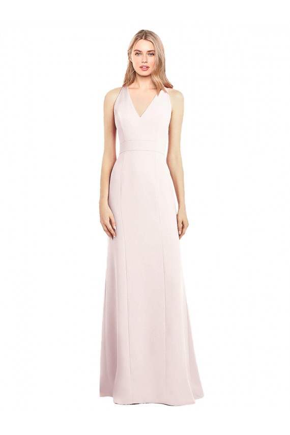 Sleeveless V-Neck Stretch Crepe Pink Long Semi Formal Evening Dress Canada for Sale