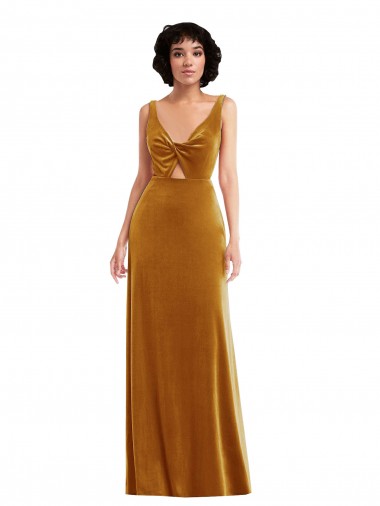 Sleeveless V-Neck Stretch Velvet Gold Long Semi Formal Evening Dress Canada for Sale